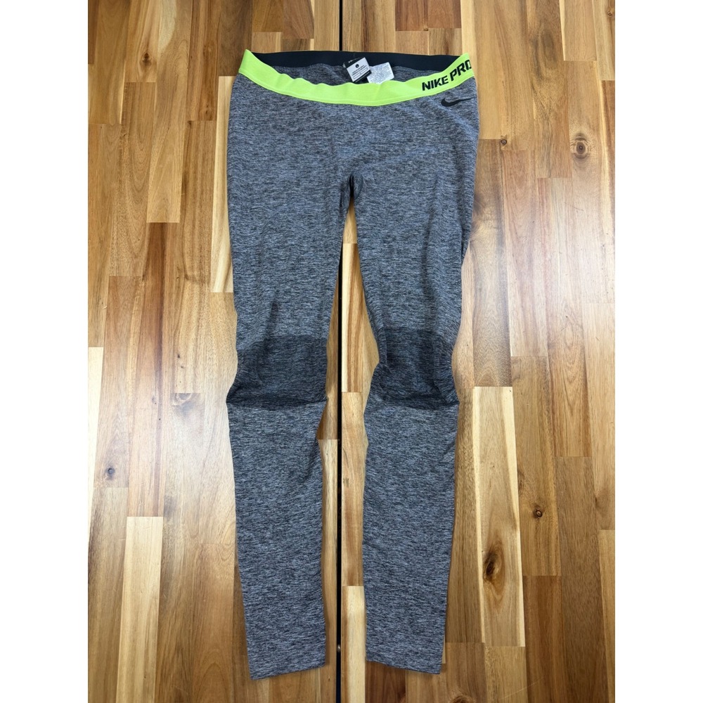 Nike Pro Dri-FIT Women Large Gray Heather Neon Green Training Legging Base Layer